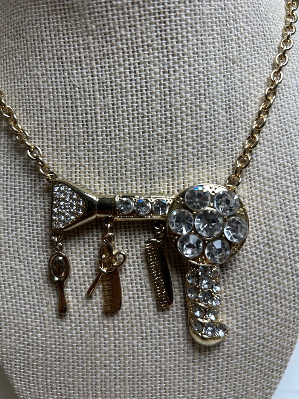 Gold-tone Rhinestone Hair Dryer Charm Necklace - Salon Tools Pendant